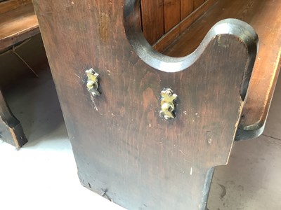 Lot 3 - A pitch pine church pew with Gothic-style ends,...