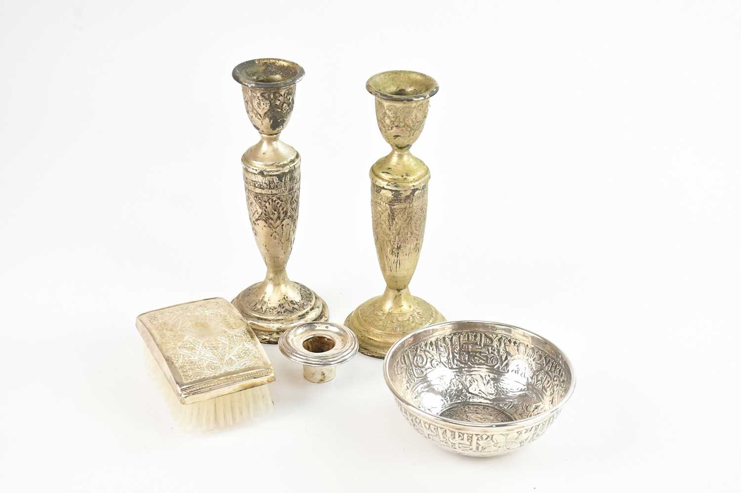 Lot 9 - An Indian metal bowl decorated with birds and...