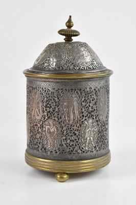 Lot 1104 - A Persian silver plated on copper lidded...