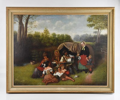 Lot 1513 - UNATTRIBUTED; oil on board, travellers in a...