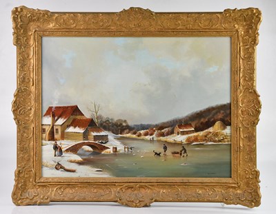 Lot 1521 - A LYCLIATE; oil on board, Dutch winter scene,...