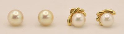 Lot 1463 - Two pairs of yellow metal cultured pearl set...