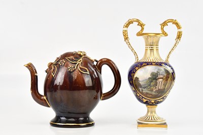 Lot 1296 - DERBY; a 19th century twin handled vase, 'View...