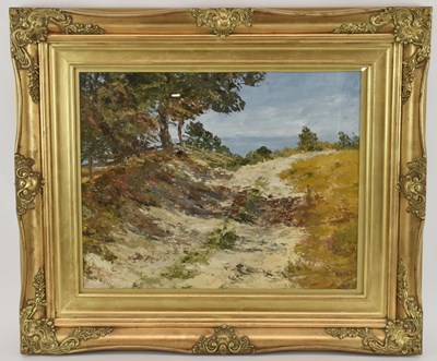 Lot 251 - CONSTANCE LEE; oil on board, 'Clifftop Track,...