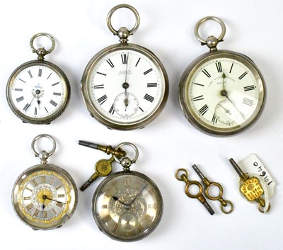Lot 1132 - Five hallmarked silver pocket watches, to...