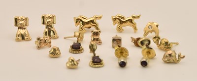 Lot 1455 - Eight pairs of 9ct yellow gold and gold...