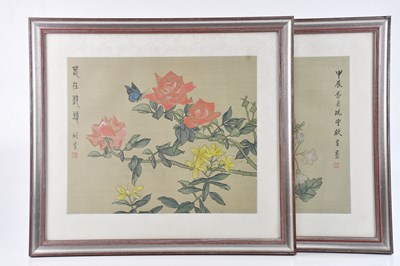 Lot 1094 - Two Japanese paintings on silk, 30 x 36cm,...
