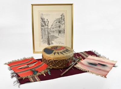 Lot 1195 - A Native American drum with painted detail,...