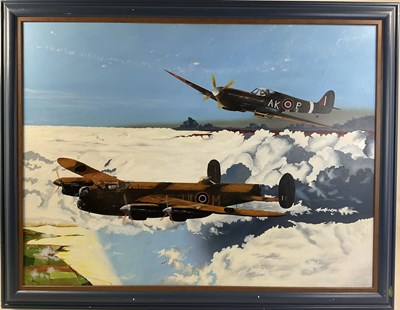 Lot 425 - RALPHY; oil on board, Spitfire and Lancaster,...