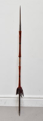 Lot 1130 - A Naga spear, the shaft decorated with dyed...