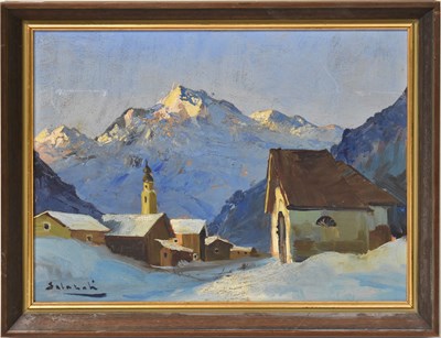 Lot 572 - SALAZAH; oil on board, snowy scene of a...