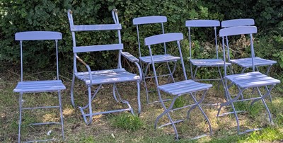 Lot 270 - A set of six blue painted metal and wood...