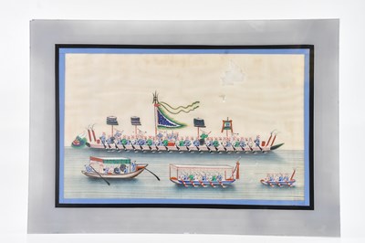 Lot 1047 - CHINESE SCHOOL; pith painting, dragon boat, 18...