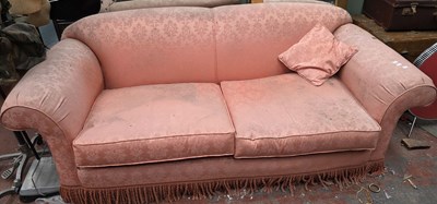 Lot 5 - A three-seat scroll arm settee, upholstered in...