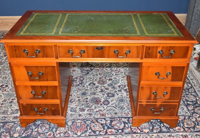 Lot 1707 - A reproduction yew wood veneered twin pedestal...