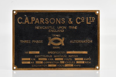 Lot 420 - C A PARSONS & CO LTD; boiler plate, 'Newcastle...