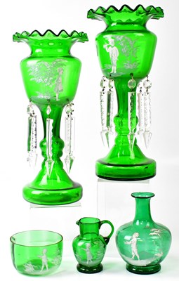 Lot 311 - A pair of Victorian green glass lustres with...