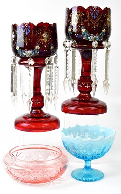 Lot 304 - A pair of Victorian ruby glass lustres, with...