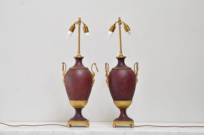 Lot 92 - A pair of bronze and red painted metal twin...