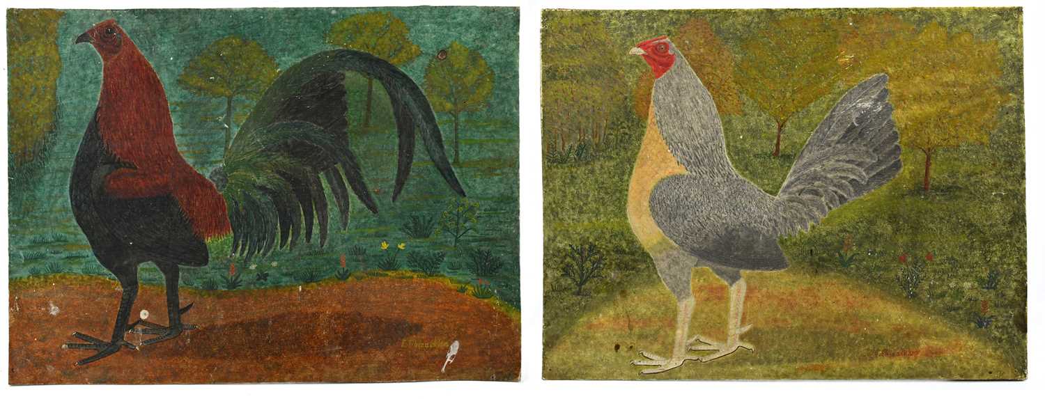 Lot 1668 - E PHIZACKLEA; pair of naive folk art oils on...