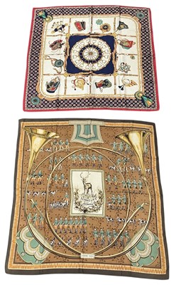 Lot 455 - HERMÈS; an 'Sonneurs de Trompe' silk scarf, 90...