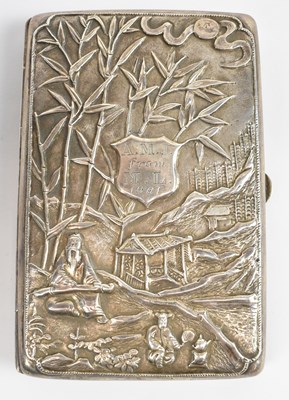 Lot 499 - A Chinese export silver card case with ornate...