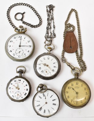 Lot 718 - Five assorted white metal pocket watches,...