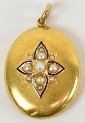 Lot 697 - A yellow metal enamel and pearl set locket...