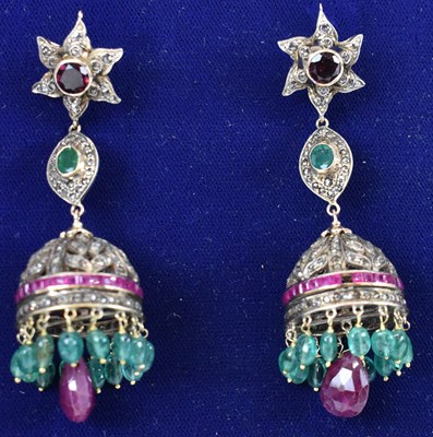 Lot 601 - A pair of Indian yellow metal, diamond, ruby...