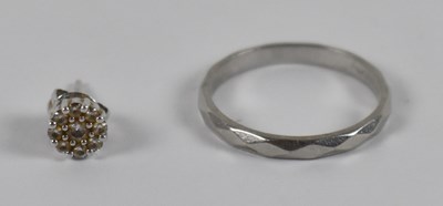 Lot 677 - A platinum wedding band, size L, also a 14ct...