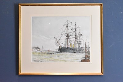 Lot 2527 - F ANDREWS; watercolour, ‘H.M.S Warrior’,...