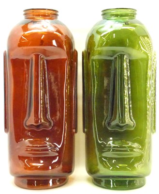 Lot 365 - A pair of large Moai Easter Island head coloured glass vases/jars