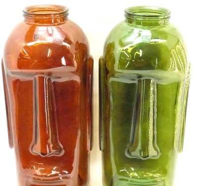 Lot 365 - A pair of large Moai Easter Island head coloured glass vases/jars