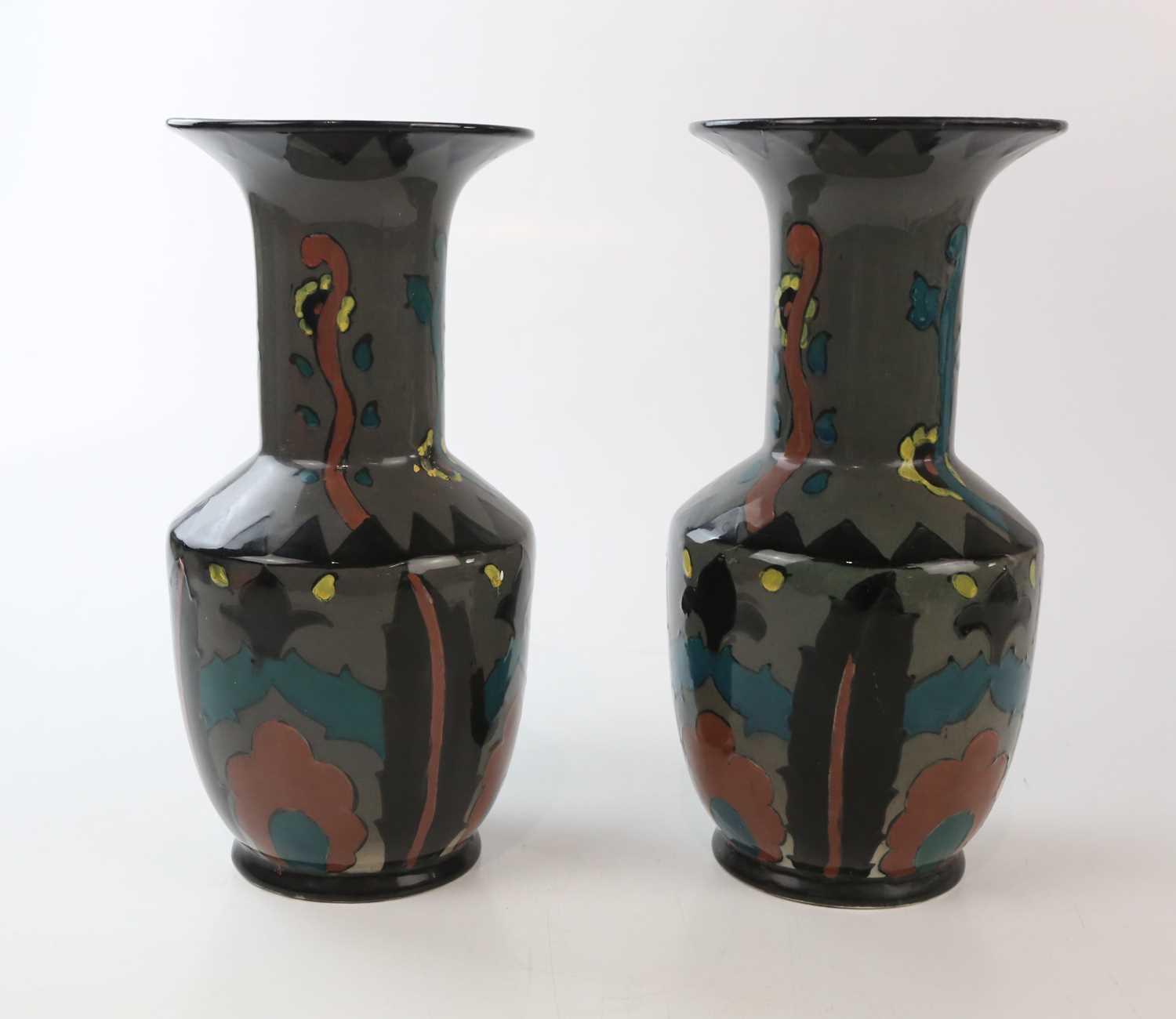 Lot 2464 - ROYAL CAULDON; a pair of Cairo Ware vases...
