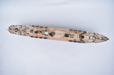 Lot 252 - RMS TITANIC; a wooden model with four funnels...